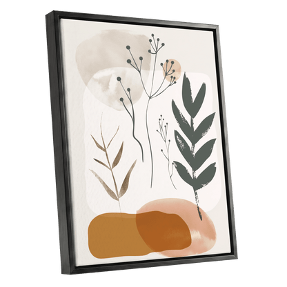 Quiet Botanical Forms, beige, green, brown nature wall art shown as a black framed canvas wall art