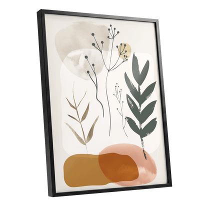 Quiet Botanical Forms, beige, green, brown nature wall art shown as a black framed poster wall art print