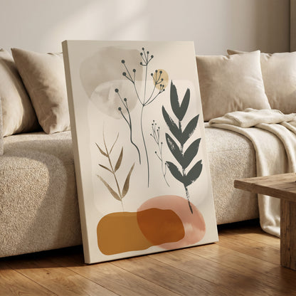 Quiet Botanical Forms, beige, green, brown nature wall art on canvas displayed in a styled interior, gallery view 1