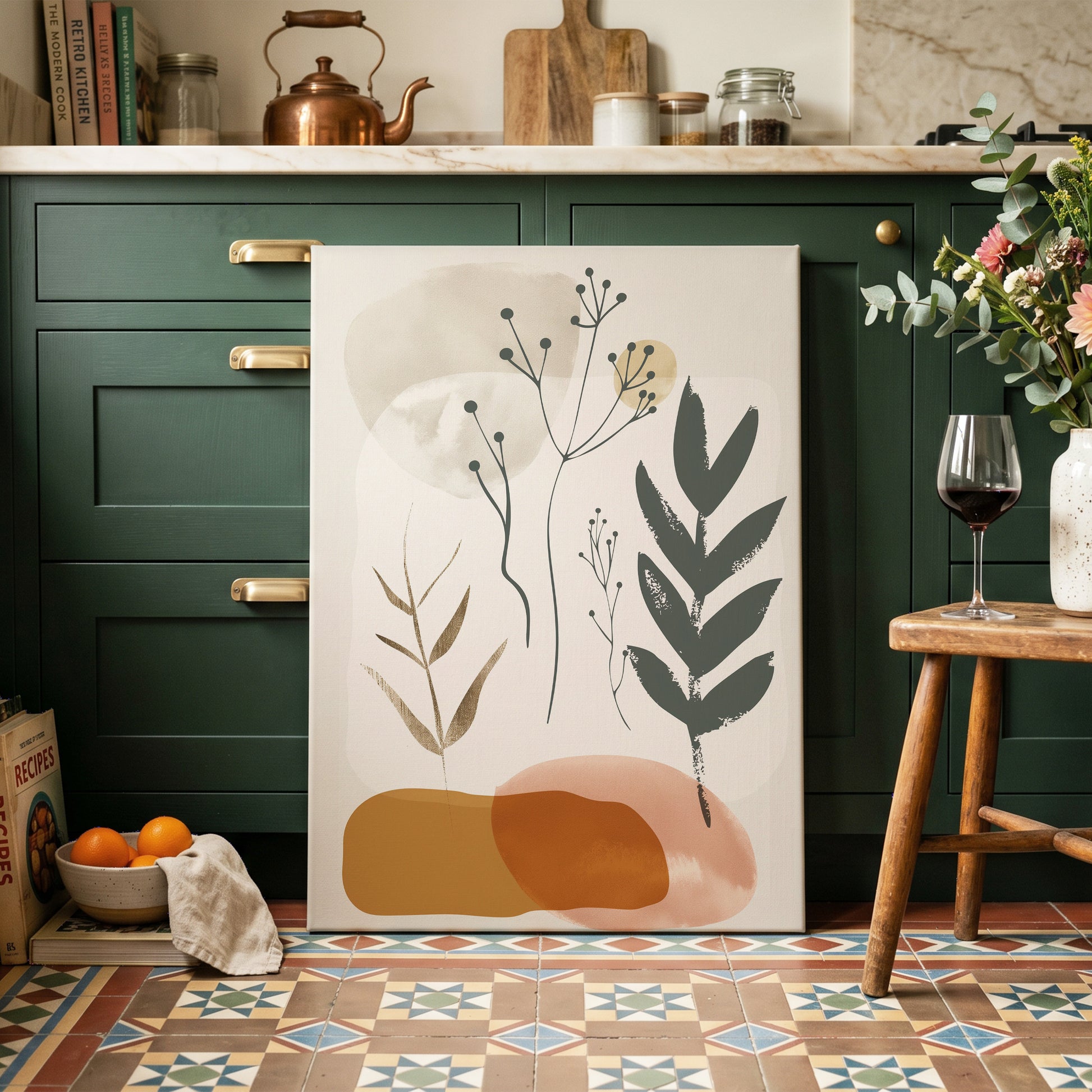 Quiet Botanical Forms, beige, green, brown nature wall art on canvas displayed in a styled interior, gallery view 2