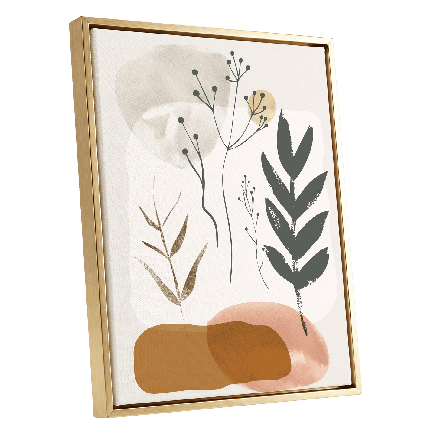 Quiet Botanical Forms, beige, green, brown nature wall art shown as a gold framed canvas wall art
