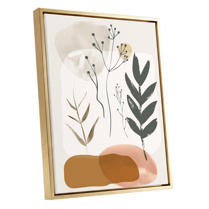 Quiet Botanical Forms, beige, green, brown nature wall art shown as a gold framed canvas wall art