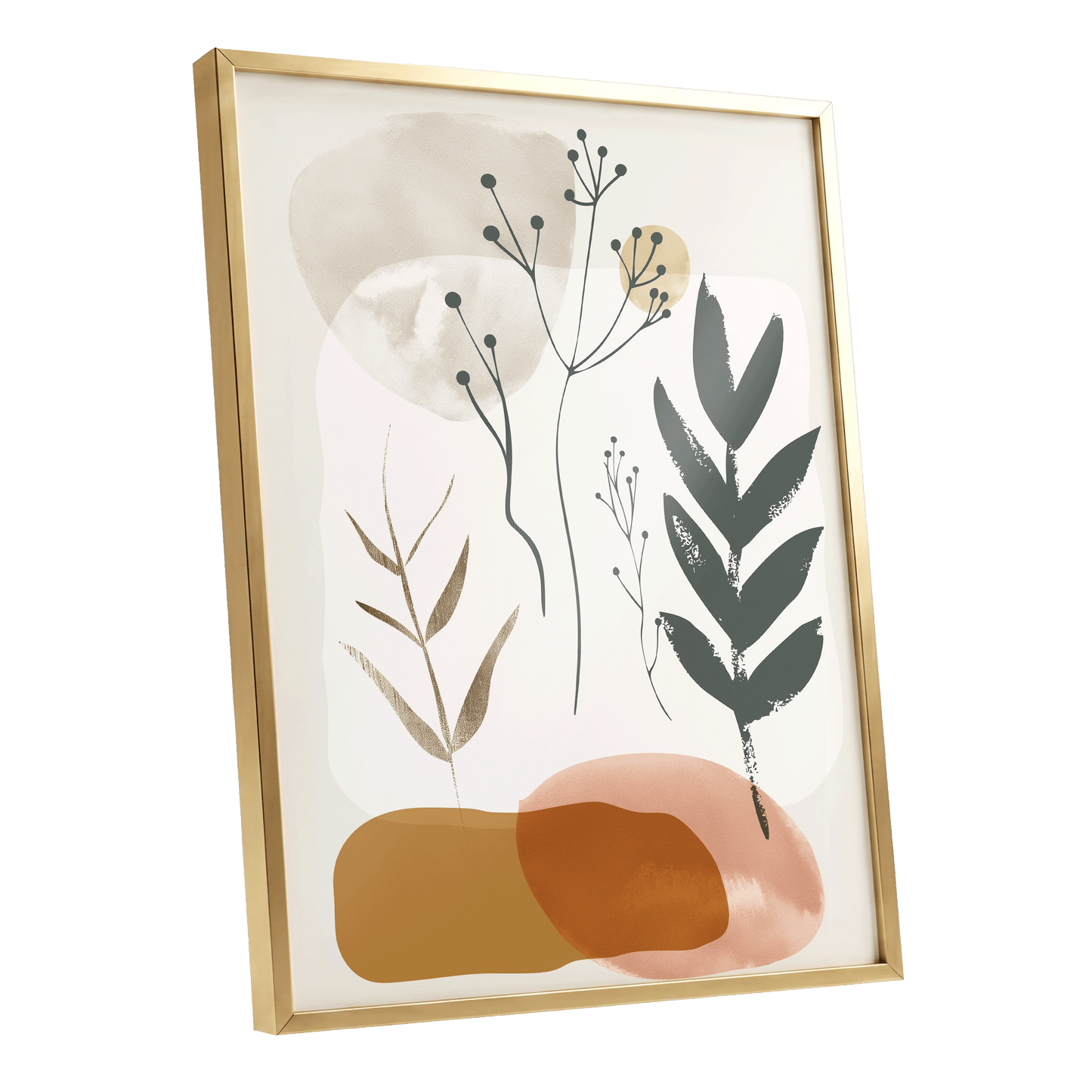 Quiet Botanical Forms, beige, green, brown nature wall art shown as a gold framed poster wall art print