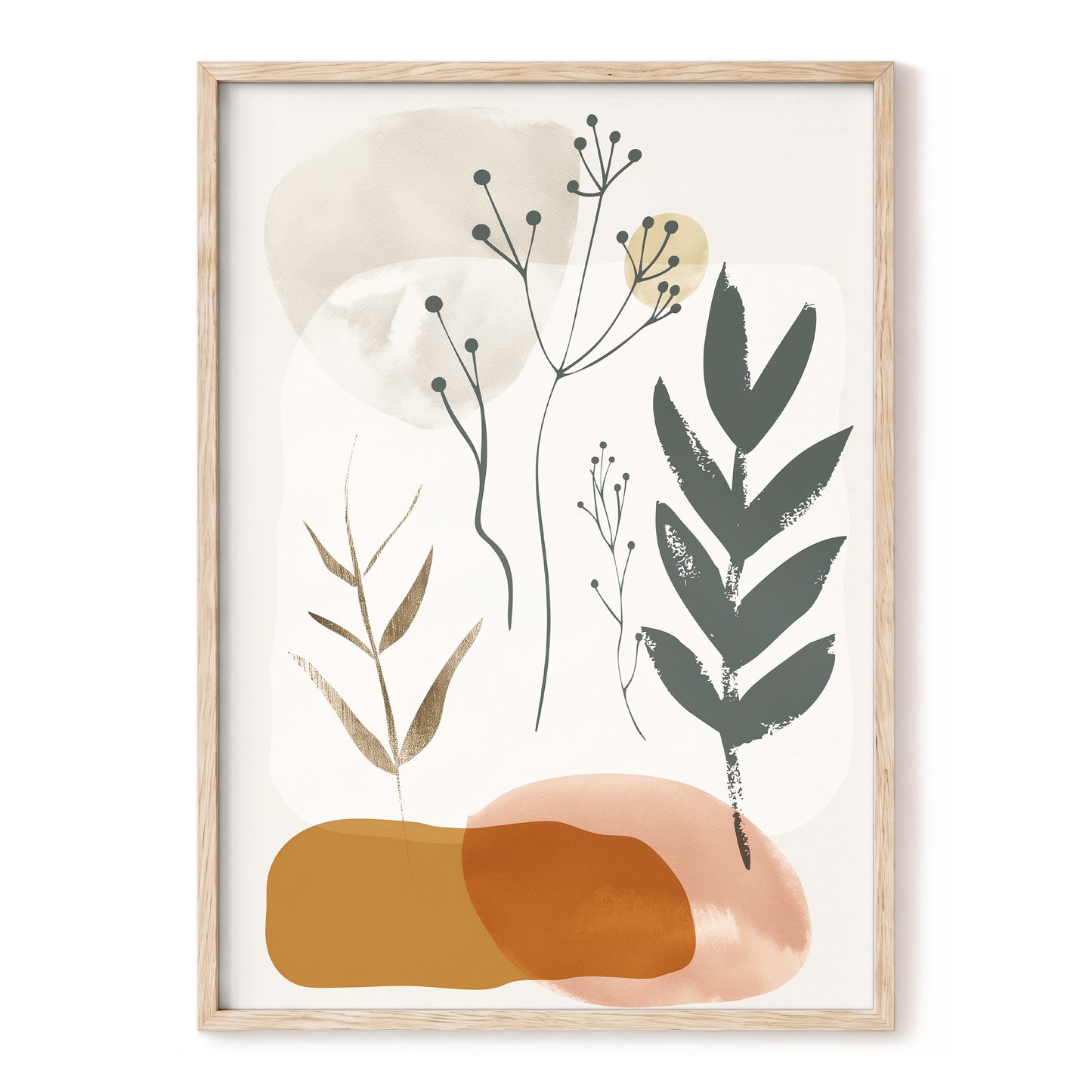 Quiet Botanical Forms, beige, green, brown nature wall art, front artwork view