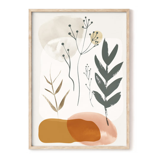 Quiet Botanical Forms, beige, green, brown nature wall art, front artwork view