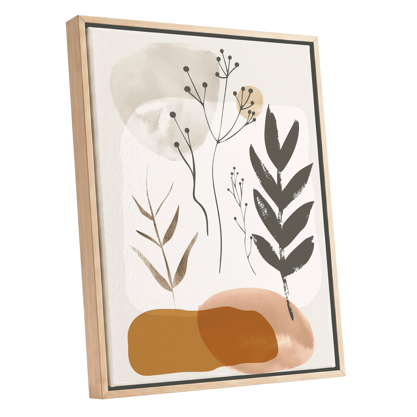 Quiet Botanical Forms, beige, green, brown nature wall art shown as a oak framed canvas wall art
