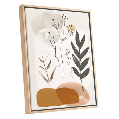 Quiet Botanical Forms, beige, green, brown nature wall art shown as a oak framed canvas wall art