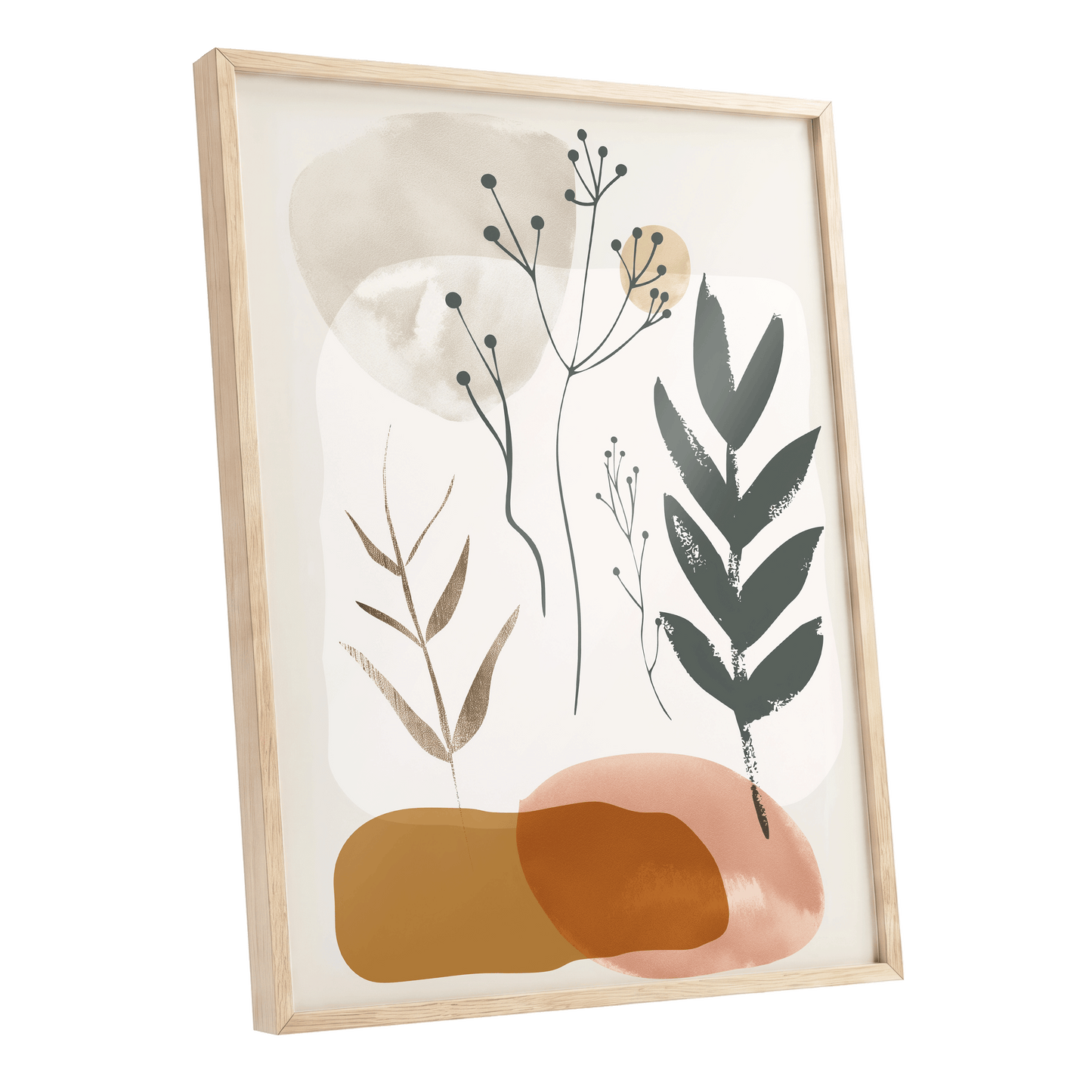 Quiet Botanical Forms, beige, green, brown nature wall art shown as a oak framed poster wall art print