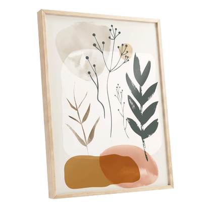 Quiet Botanical Forms, beige, green, brown nature wall art shown as a oak framed poster wall art print