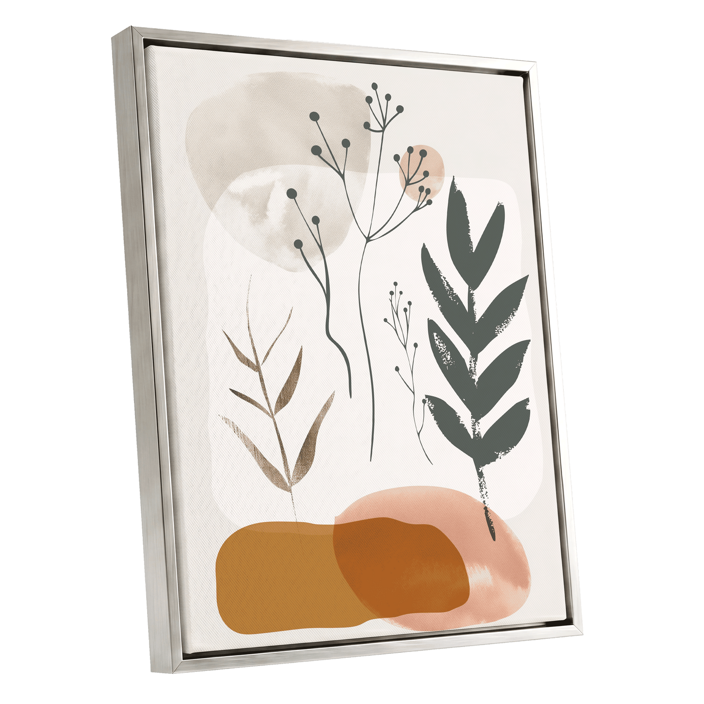 Quiet Botanical Forms, beige, green, brown nature wall art shown as a silver framed canvas wall art