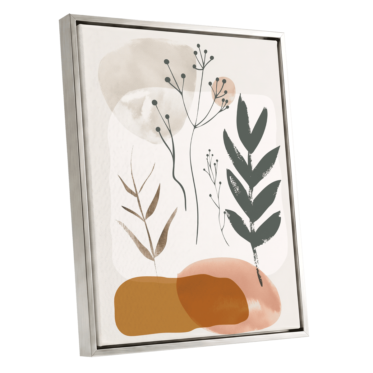 Quiet Botanical Forms, beige, green, brown nature wall art shown as a silver framed canvas wall art
