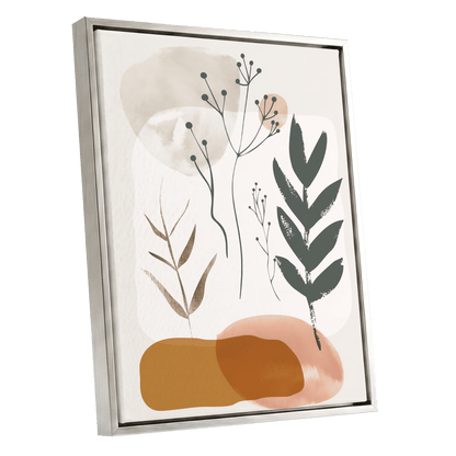 Quiet Botanical Forms, beige, green, brown nature wall art shown as a silver framed canvas wall art