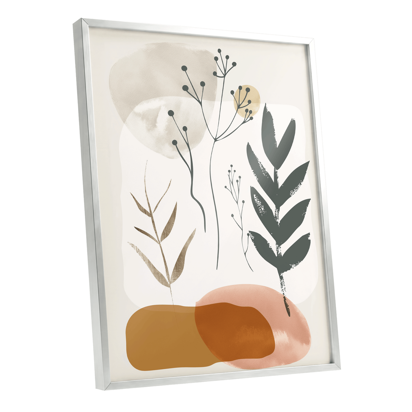 Quiet Botanical Forms, beige, green, brown nature wall art shown as a silver framed poster wall art print