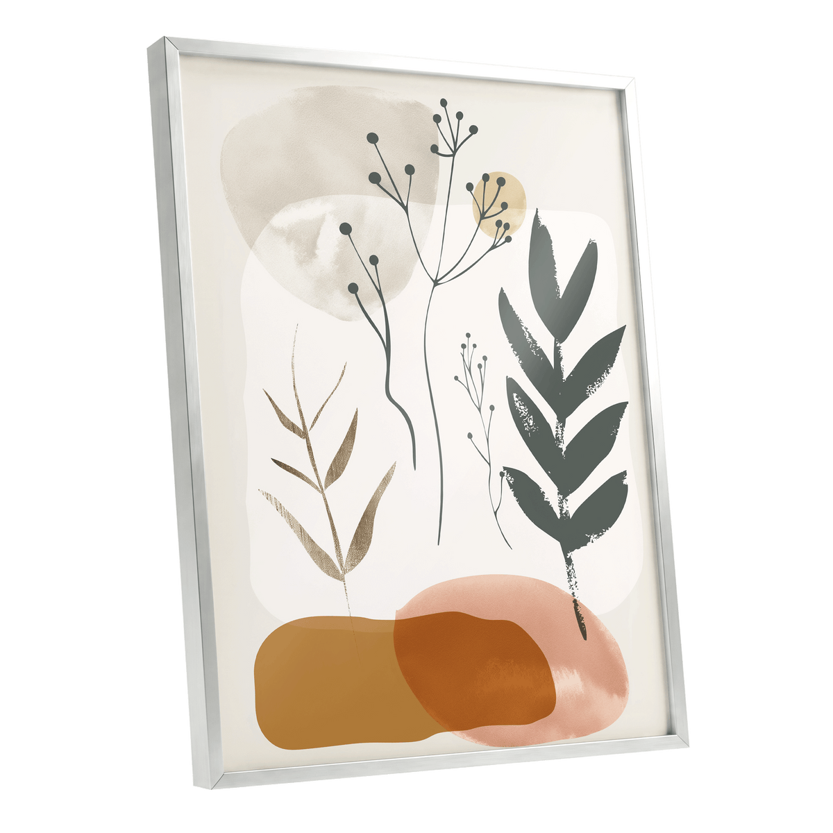Quiet Botanical Forms, beige, green, brown nature wall art shown as a silver framed poster wall art print
