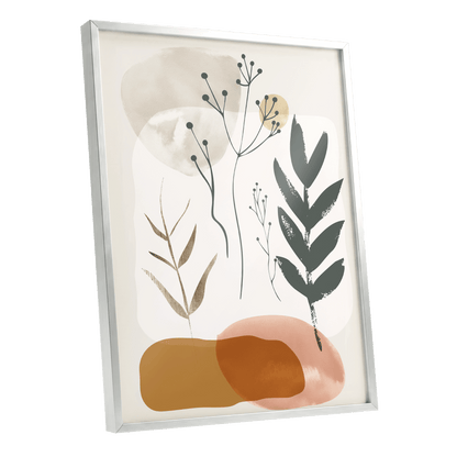 Quiet Botanical Forms, beige, green, brown nature wall art shown as a silver framed poster wall art print