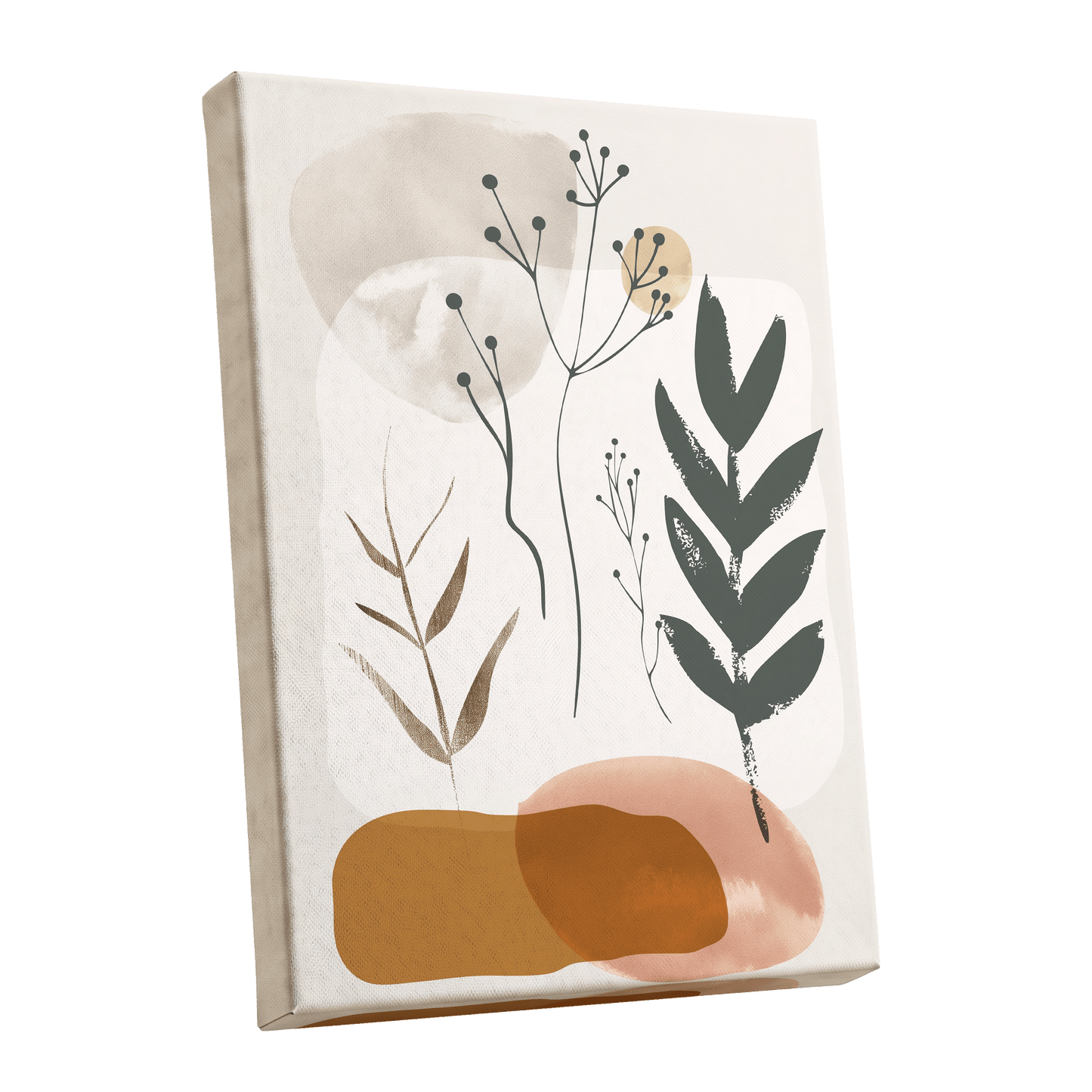 Quiet Botanical Forms, beige, green, brown nature wall art shown as a stretched canvas wall art