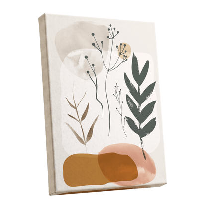 Quiet Botanical Forms, beige, green, brown nature wall art shown as a stretched canvas wall art