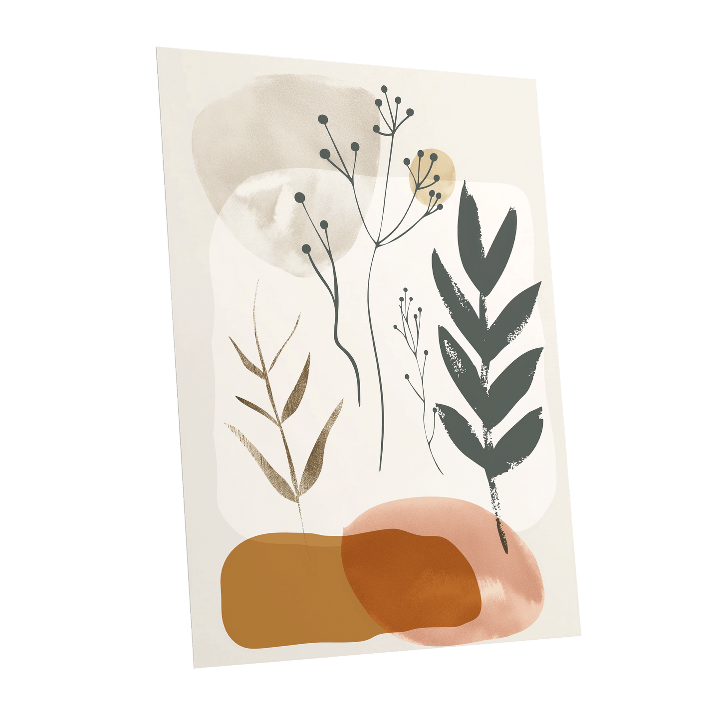 Quiet Botanical Forms, beige, green, brown nature wall art shown as a unframed poster wall art print
