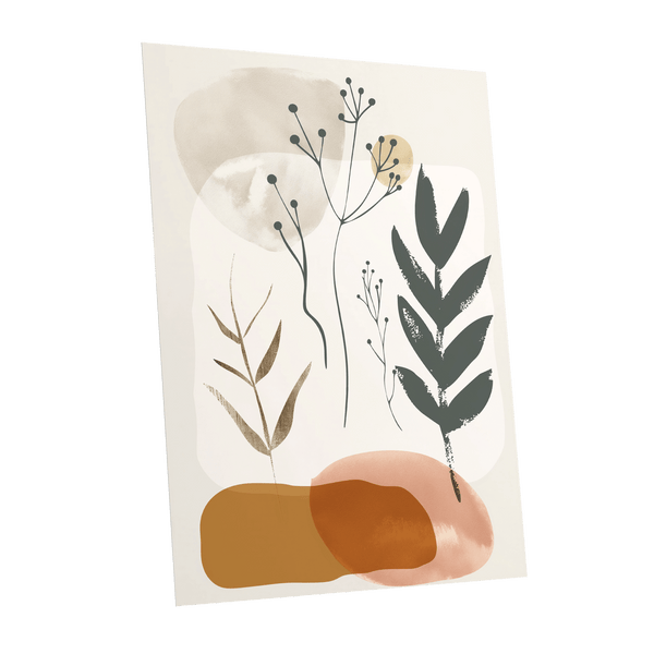 Quiet Botanical Forms, beige, green, brown nature wall art shown as a unframed poster wall art print