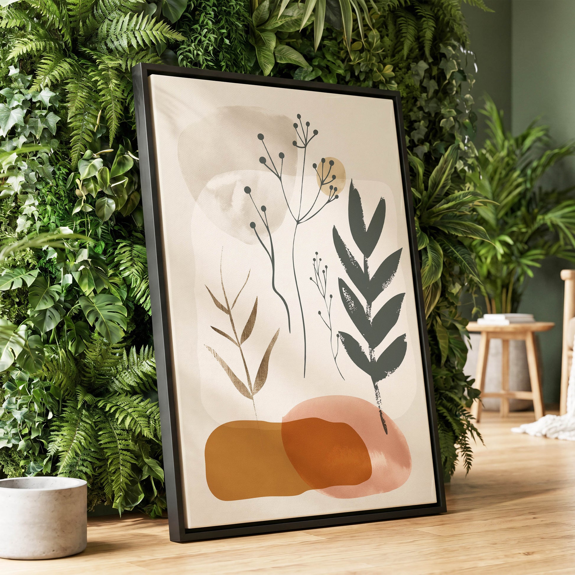 Quiet Botanical Forms, beige, green, brown nature wall art displayed in a styled interior, gallery view 1