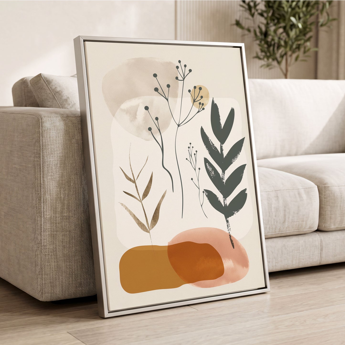 Quiet Botanical Forms, beige, green, brown nature wall art displayed in a styled interior, gallery view 2