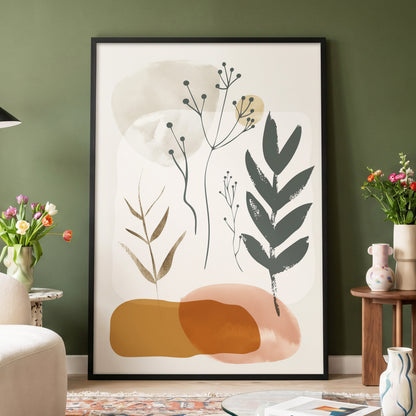 Quiet Botanical Forms, beige, green, brown nature wall art displayed in a styled interior, gallery view 4