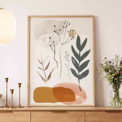 Quiet Botanical Forms, beige, green, brown nature wall art displayed in a styled interior, gallery view 5