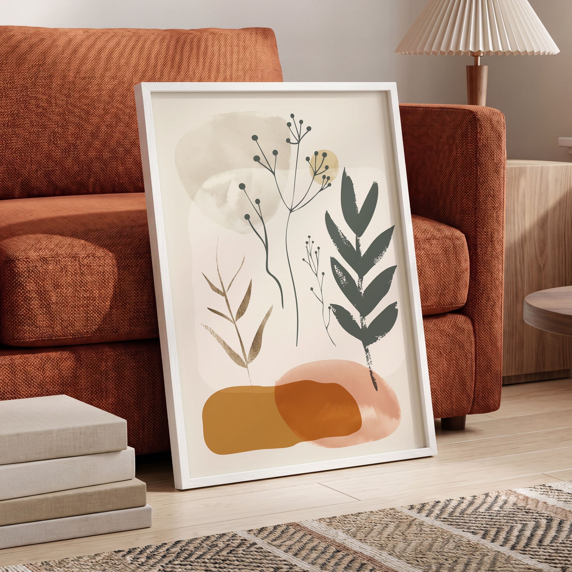 Quiet Botanical Forms, beige, green, brown nature wall art displayed in a styled interior, gallery view 6