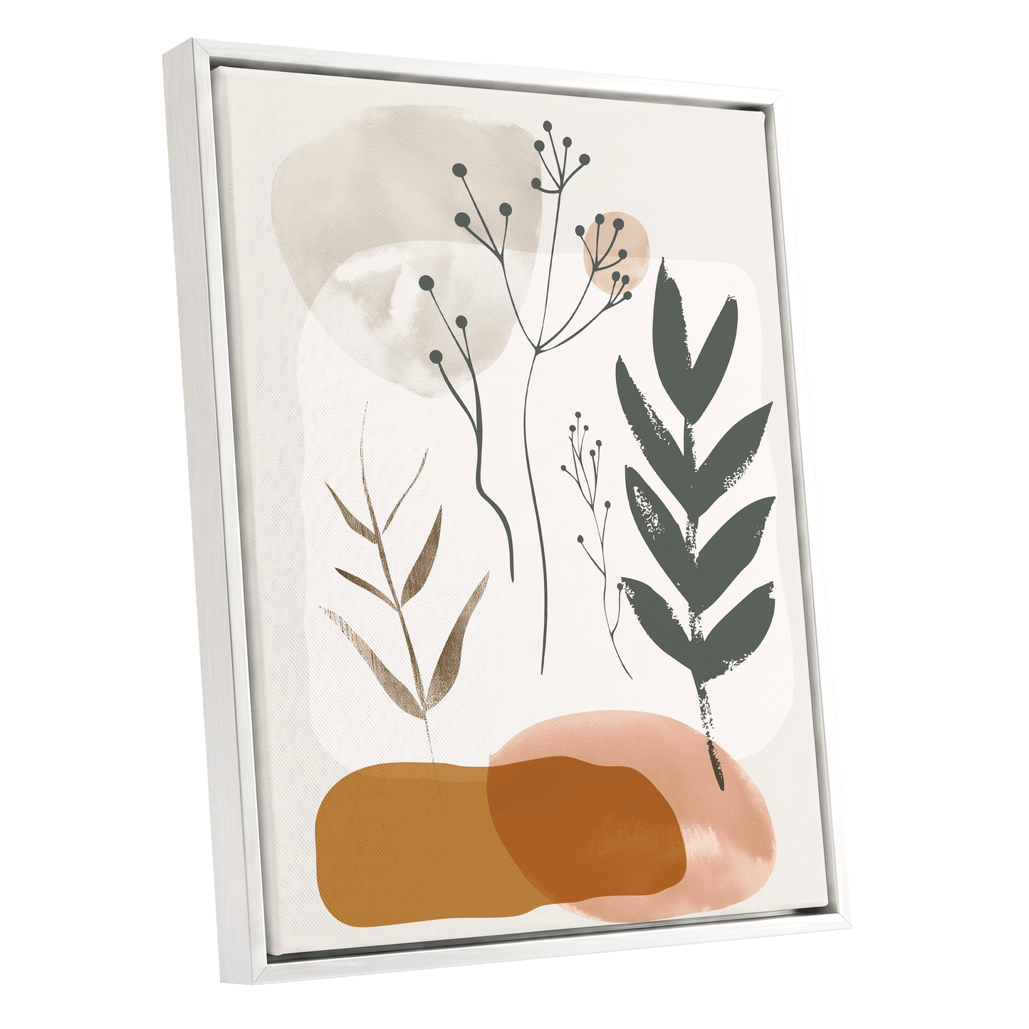 Quiet Botanical Forms, beige, green, brown nature wall art shown as a white framed canvas wall art