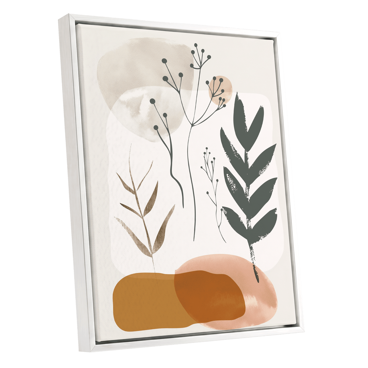 Quiet Botanical Forms, beige, green, brown nature wall art shown as a white framed canvas wall art