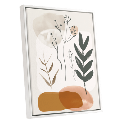 Quiet Botanical Forms, beige, green, brown nature wall art shown as a white framed canvas wall art