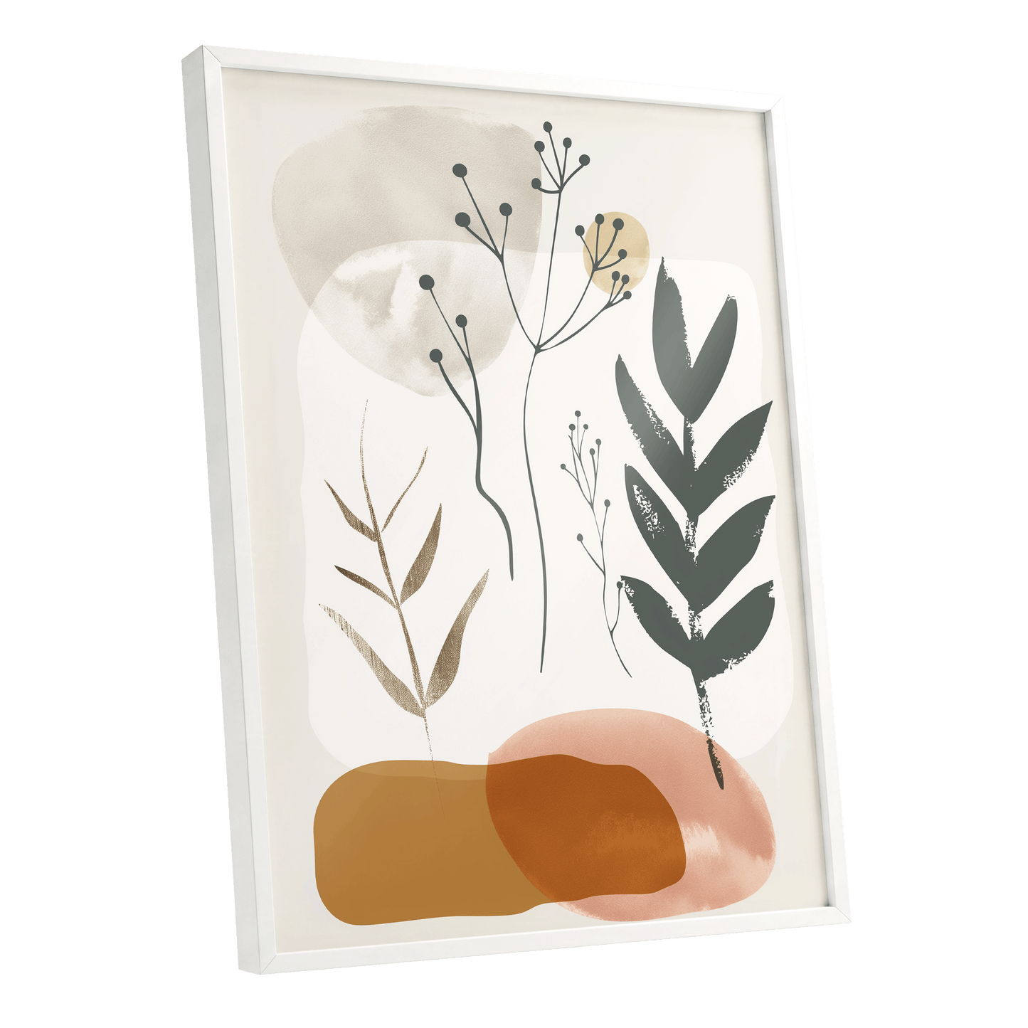 Quiet Botanical Forms, beige, green, brown nature wall art shown as a white framed poster wall art print