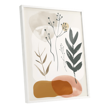 Quiet Botanical Forms, beige, green, brown nature wall art shown as a white framed poster wall art print