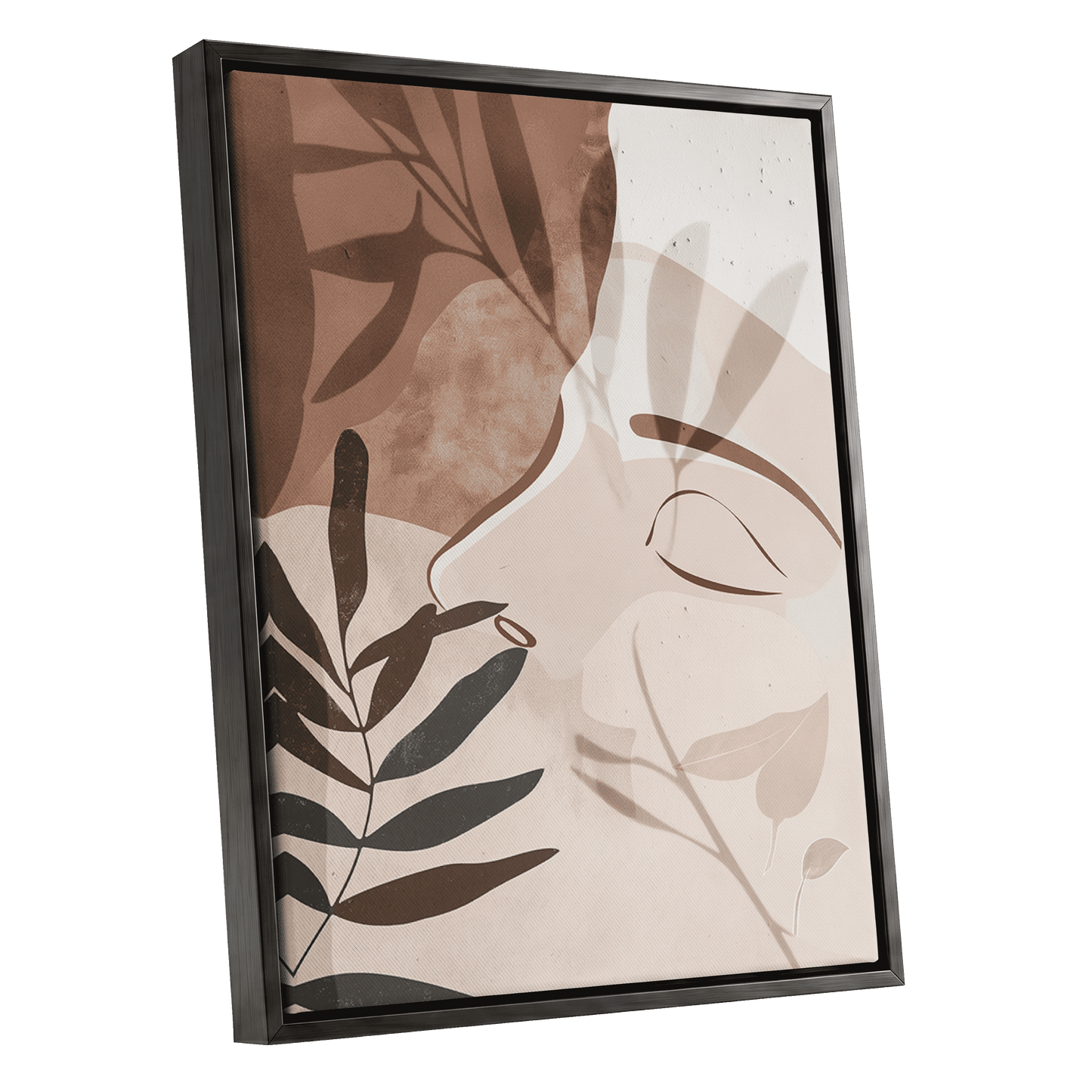 Quiet Botanical Profile, beige, brown, white nature wall art shown as a black framed canvas wall art