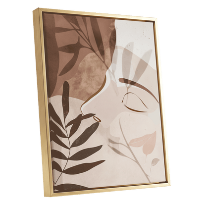 Quiet Botanical Profile, beige, brown, white nature wall art shown as a gold framed canvas wall art