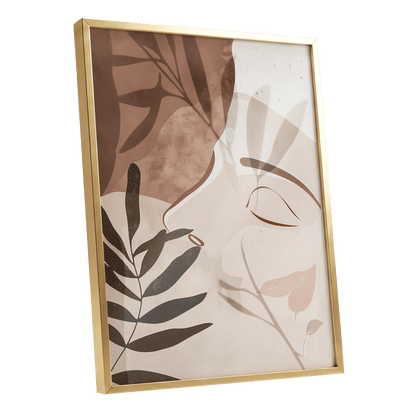 Quiet Botanical Profile, beige, brown, white nature wall art shown as a gold framed poster wall art print