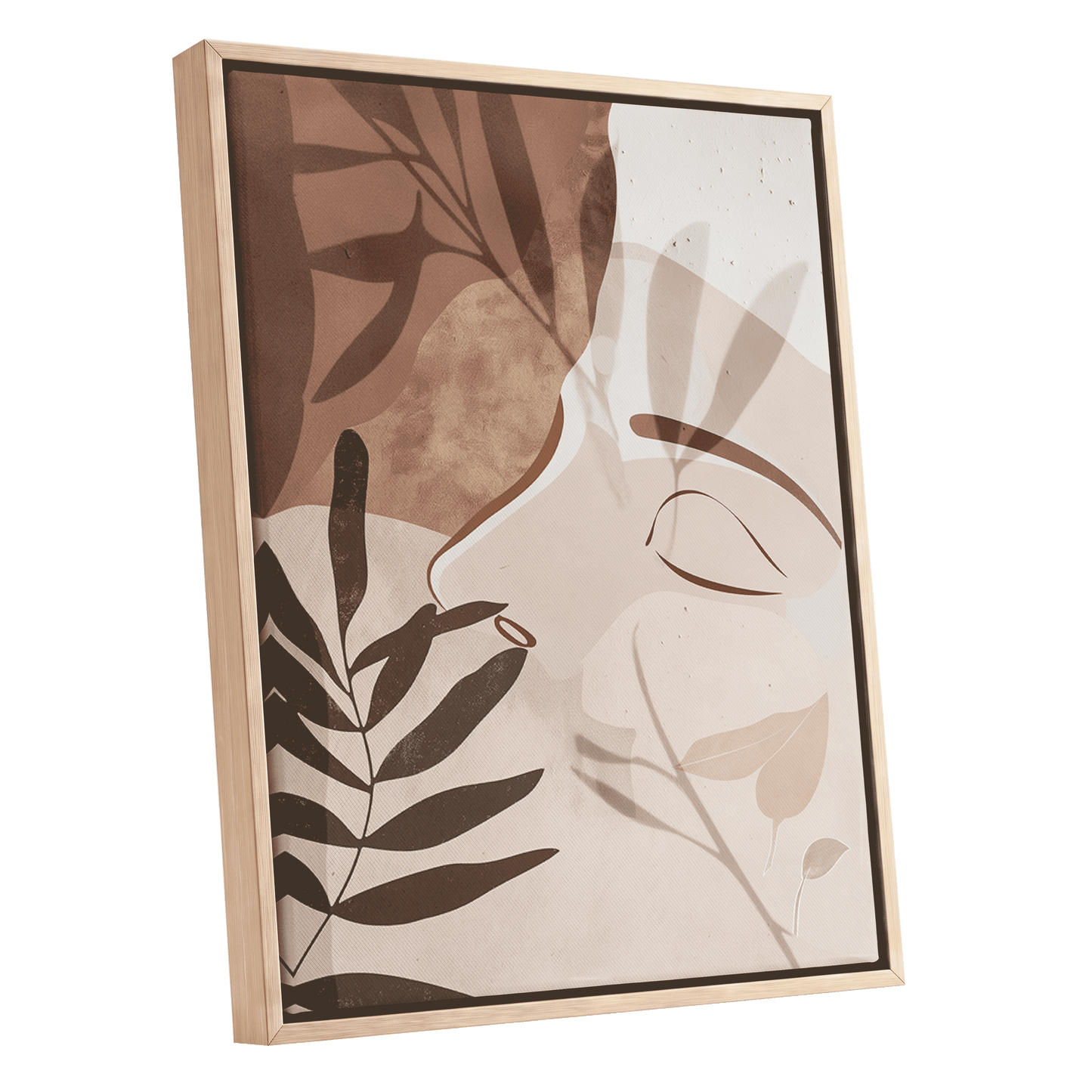 Quiet Botanical Profile, beige, brown, white nature wall art shown as a oak framed canvas wall art
