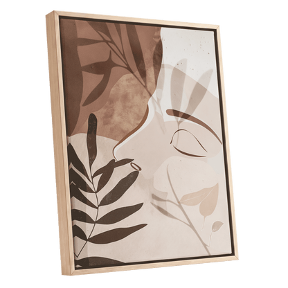 Quiet Botanical Profile, beige, brown, white nature wall art shown as a oak framed canvas wall art