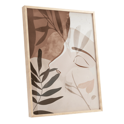 Quiet Botanical Profile, beige, brown, white nature wall art shown as a oak framed poster wall art print