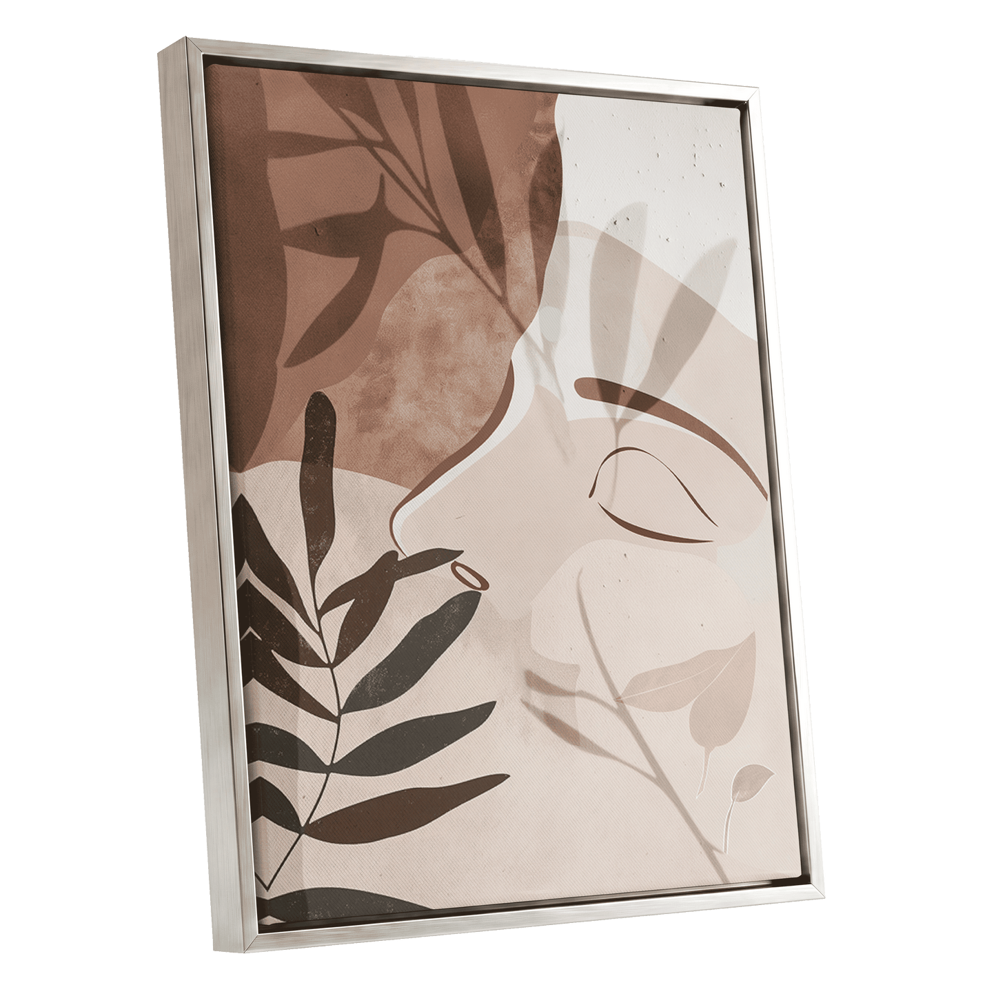 Quiet Botanical Profile, beige, brown, white nature wall art shown as a silver framed canvas wall art