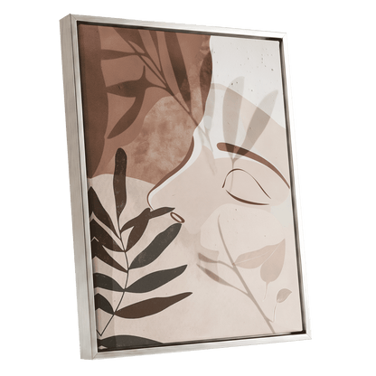 Quiet Botanical Profile, beige, brown, white nature wall art shown as a silver framed canvas wall art