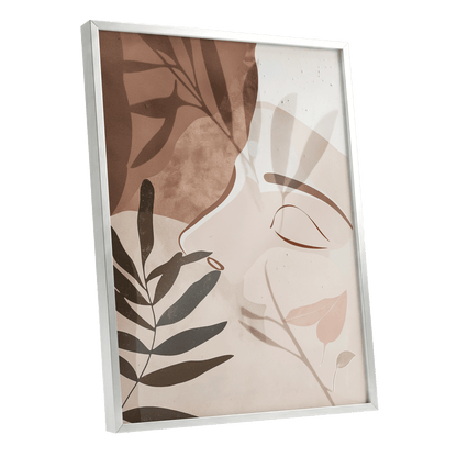 Quiet Botanical Profile, beige, brown, white nature wall art shown as a silver framed poster wall art print