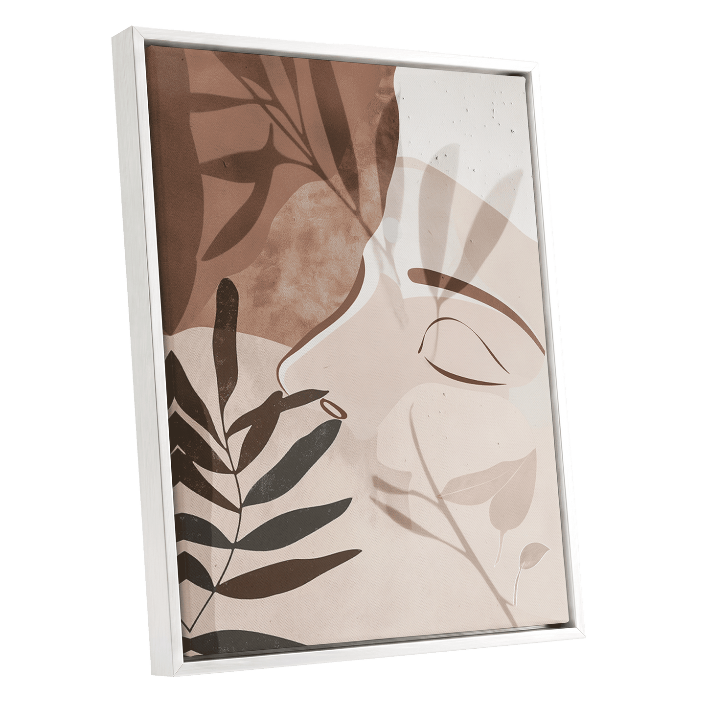 Quiet Botanical Profile, beige, brown, white nature wall art shown as a white framed canvas wall art