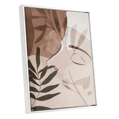 Quiet Botanical Profile, beige, brown, white nature wall art shown as a white framed canvas wall art