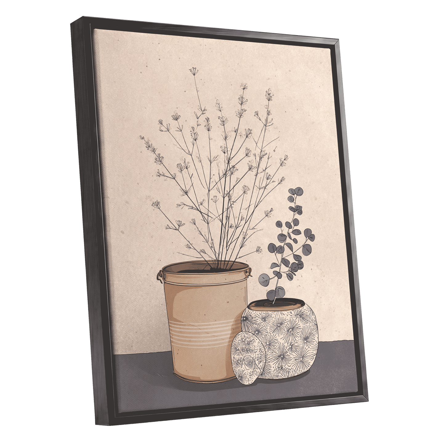 Quiet Botanical Vessels, beige, brown, gray floral wall art shown as a black framed canvas wall art