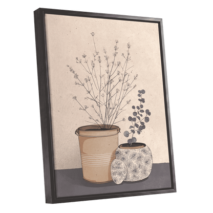 Quiet Botanical Vessels, beige, brown, gray floral wall art shown as a black framed canvas wall art