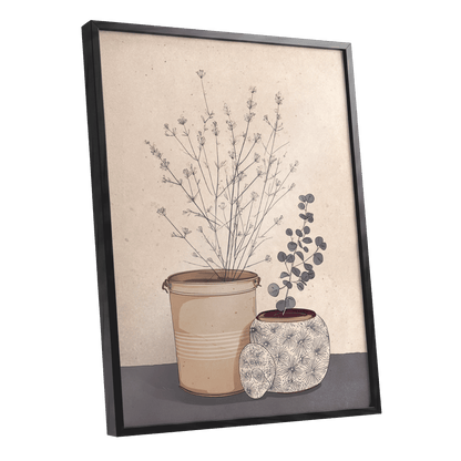 Quiet Botanical Vessels, beige, brown, gray floral wall art shown as a black framed poster wall art print
