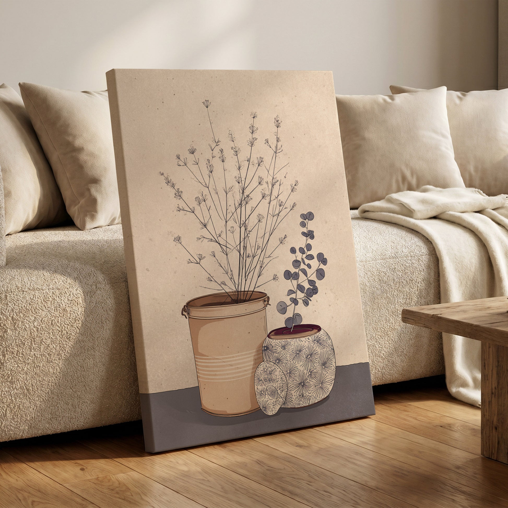Quiet Botanical Vessels, beige, brown, gray floral wall art on canvas displayed in a styled interior, gallery view 1