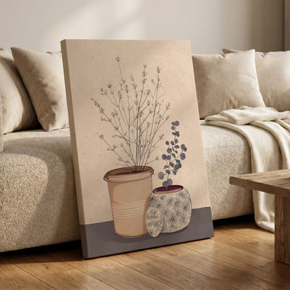 Quiet Botanical Vessels, beige, brown, gray floral wall art on canvas displayed in a styled interior, gallery view 1