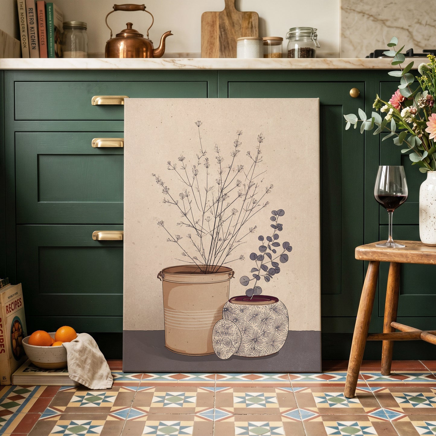Quiet Botanical Vessels, beige, brown, gray floral wall art on canvas displayed in a styled interior, gallery view 2